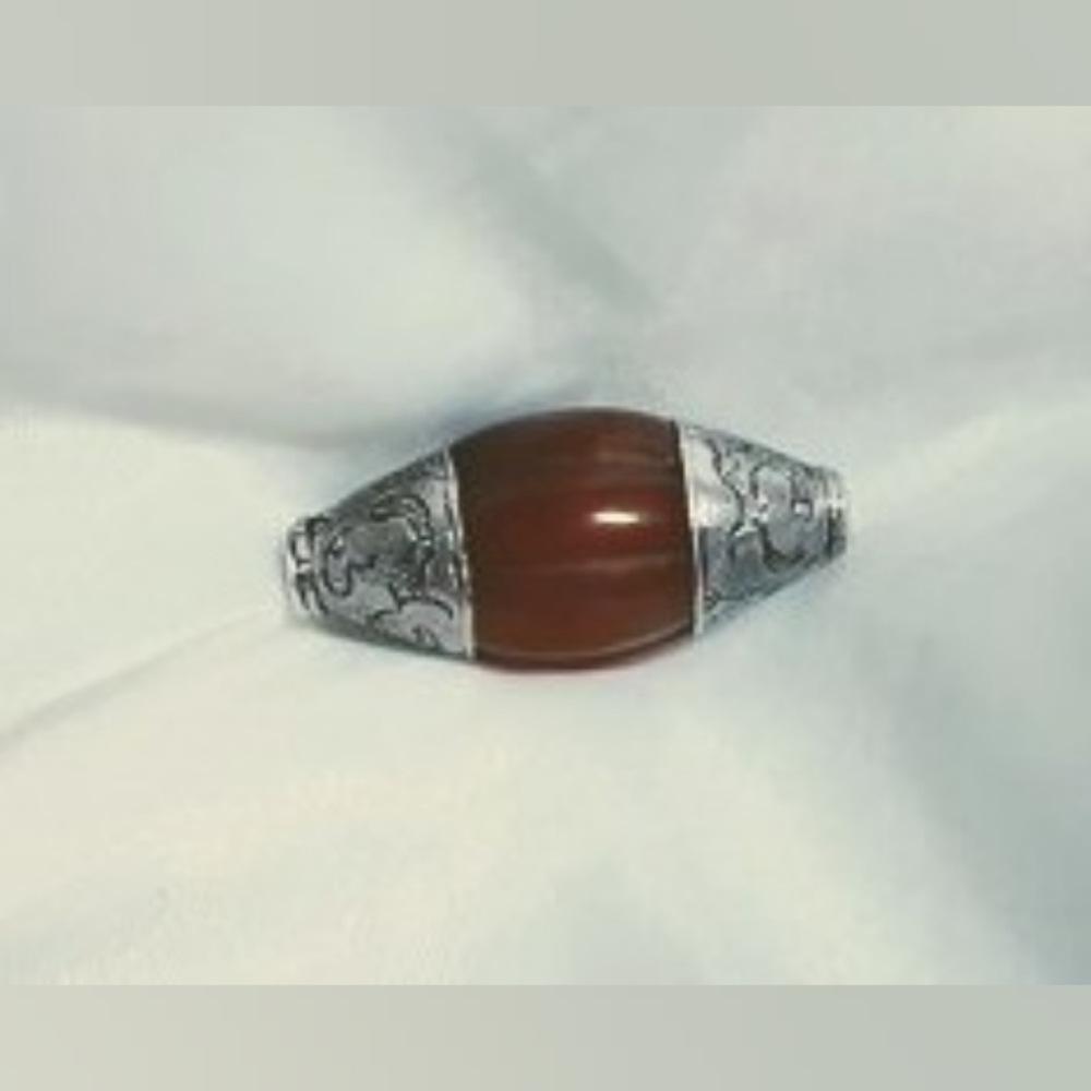 Vintage Tibetan or Nepal Repoussed Silver Capped Carnelian Agate Melon Bead